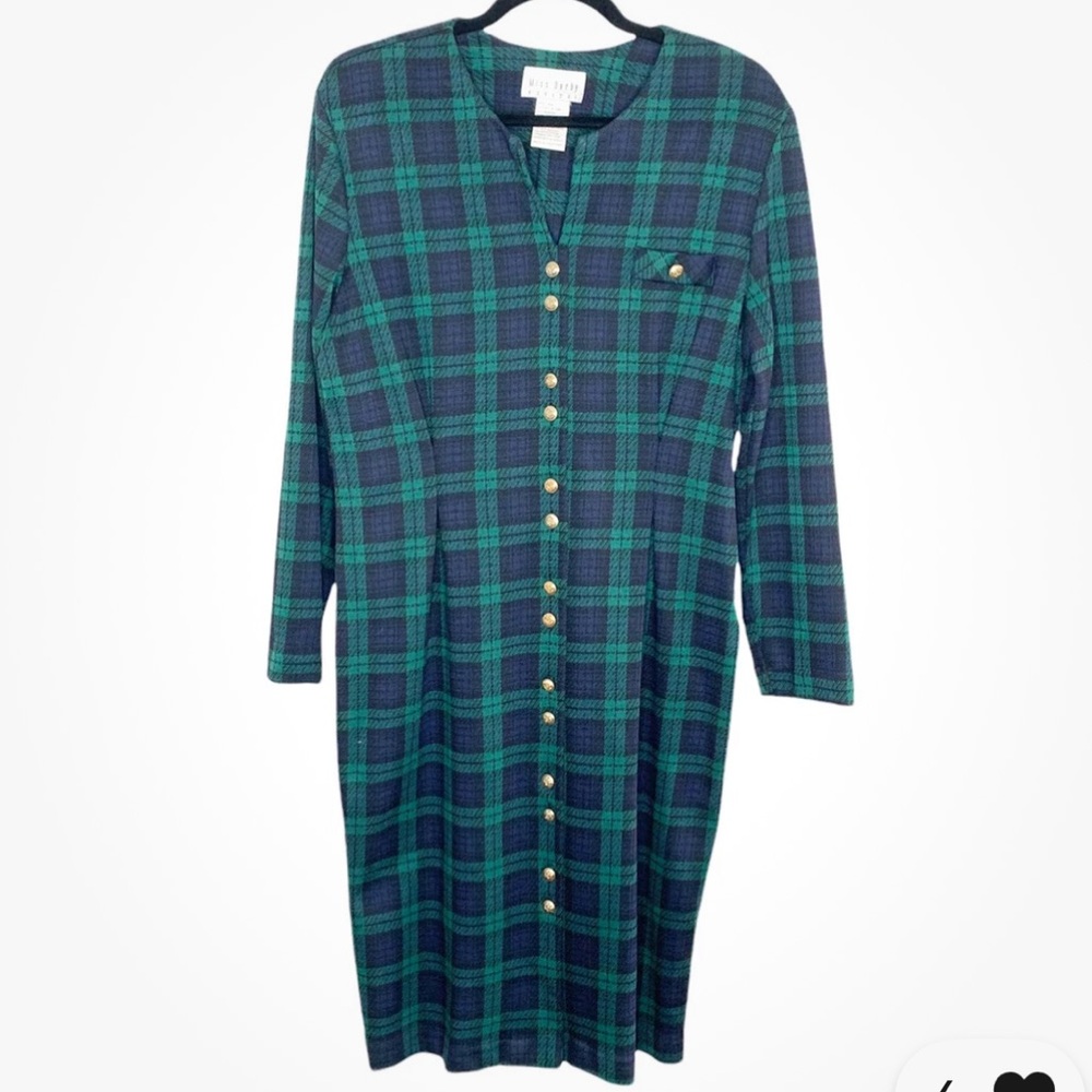 Miss Darby Green / Navy Blue Vintage Plaid Button-Down Dress Circa 1980’s Sz. 12